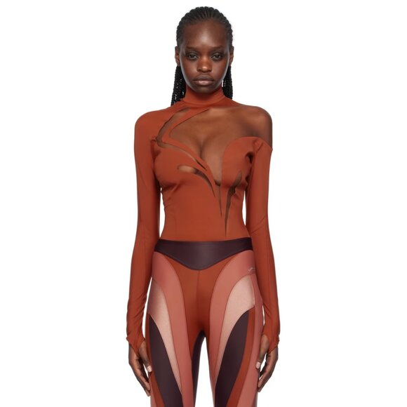 MUGLER Tan Swirly Stretch-jersey Tulle Bodysuit (FR 40) - Picture 1 of 8
